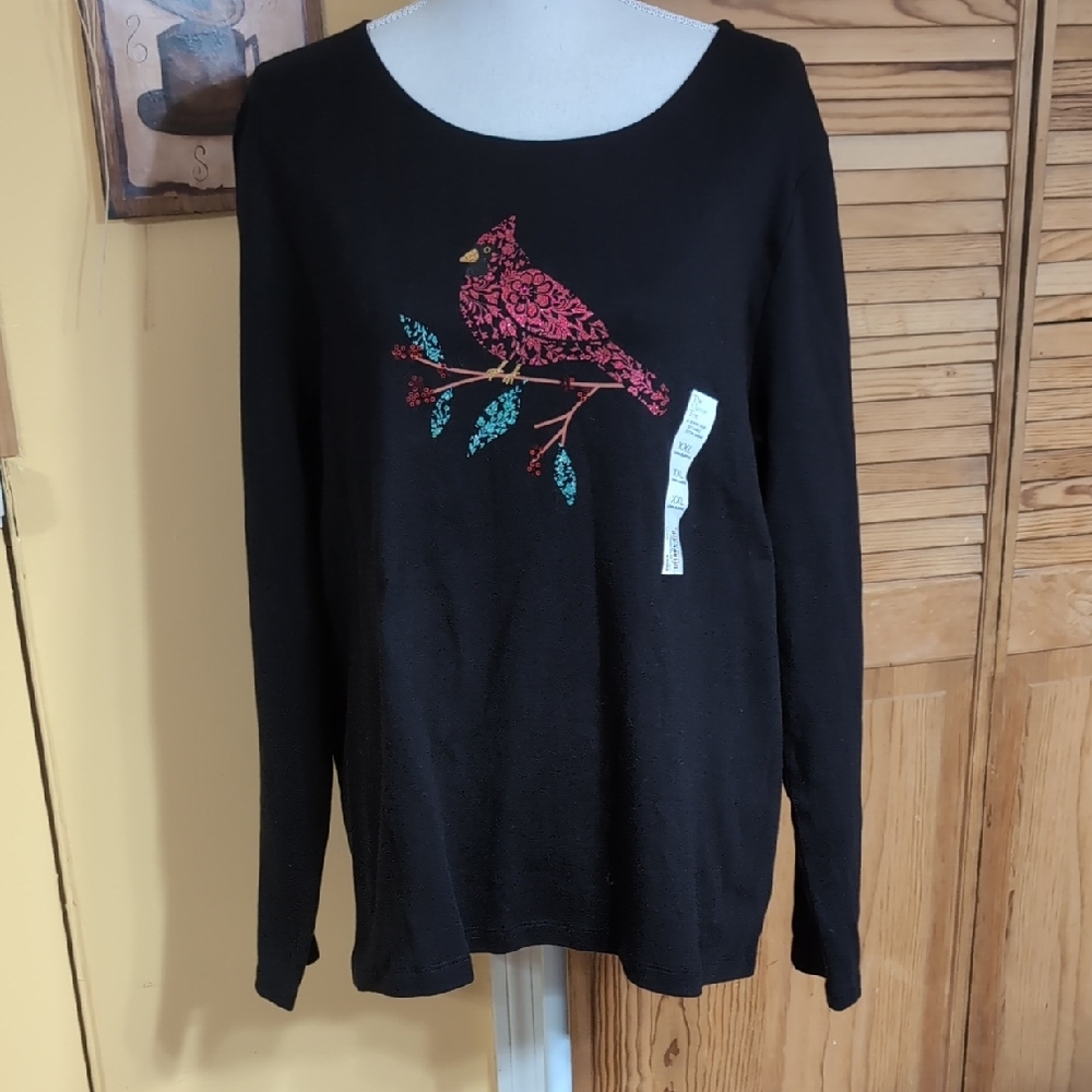 Croft & Barrow Cardinal Embellished Black Classic Tee Long Sleeve Top XXL